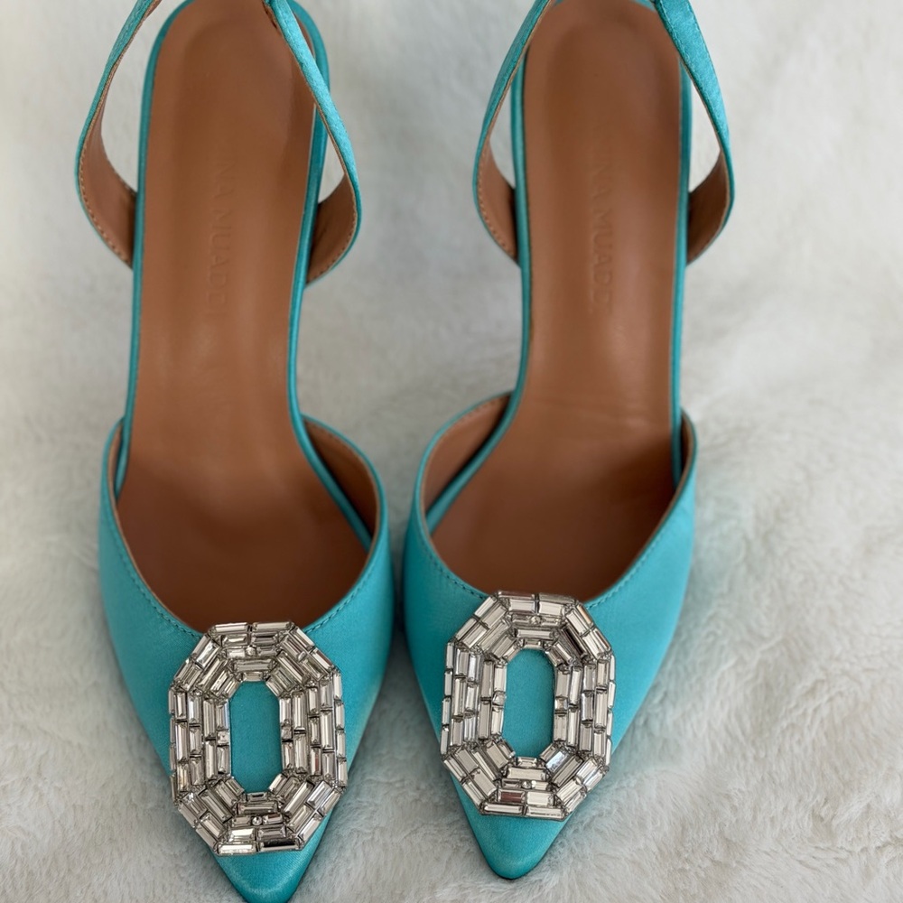 Amina Muaddi Turquoise Heels with Silver Accents